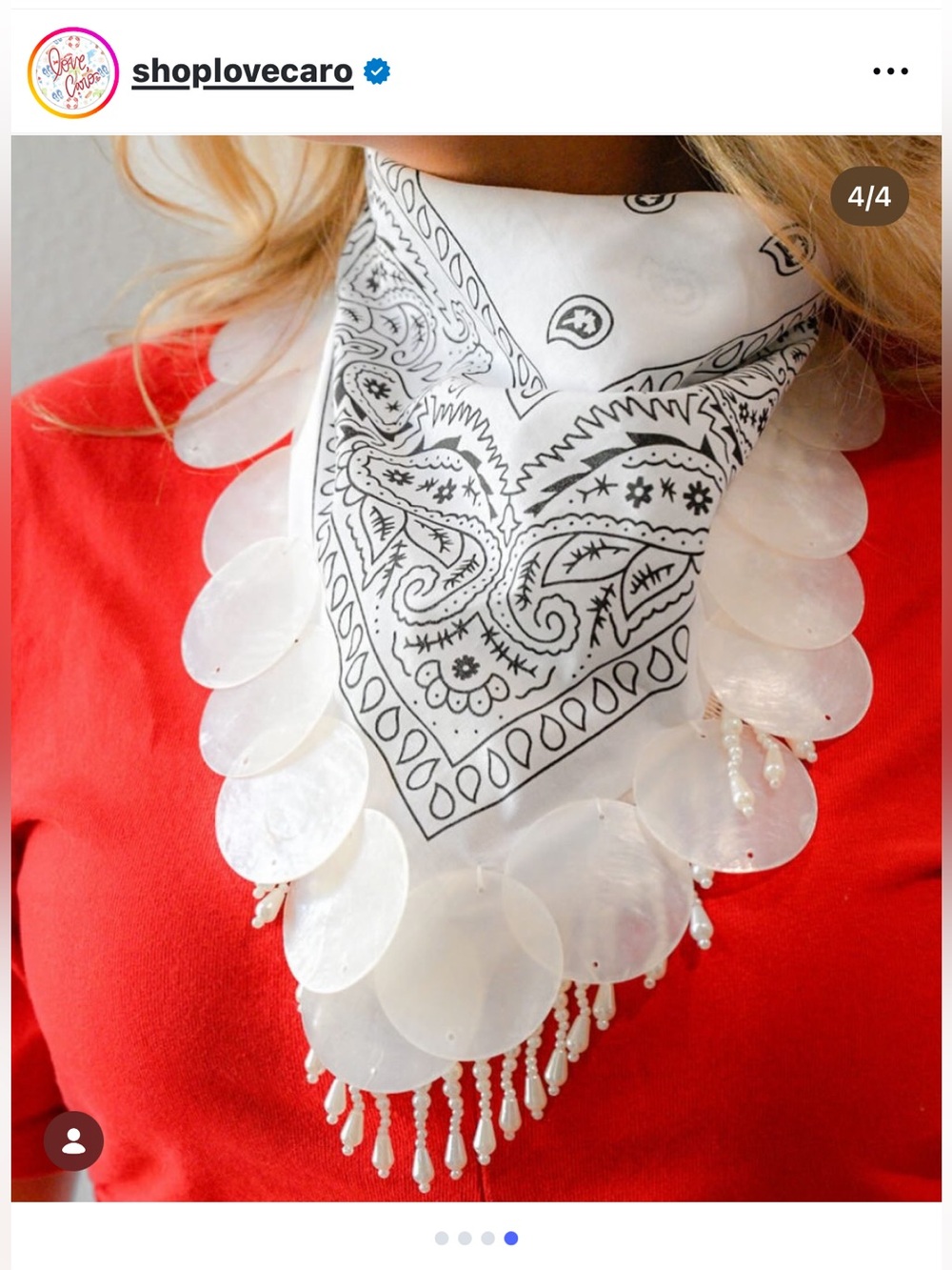 Hand made White Paisley Bandana Scarf with Shell Disc Trim by shop Love, Caro